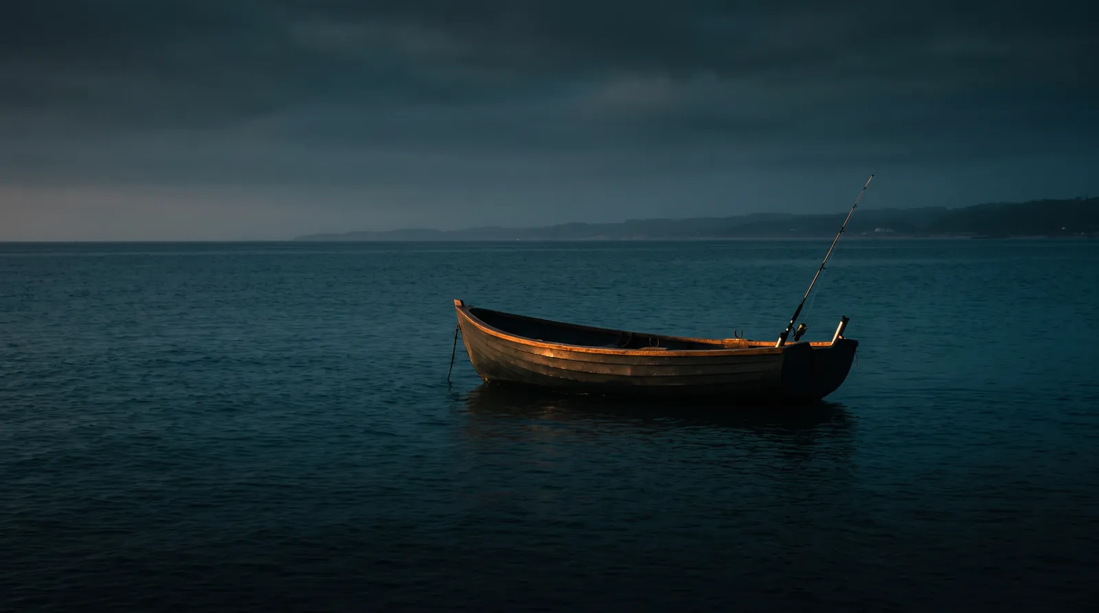 Une barque en bois au mouillage sur une mer calme au crépuscule, une canne dressée à l'arrière