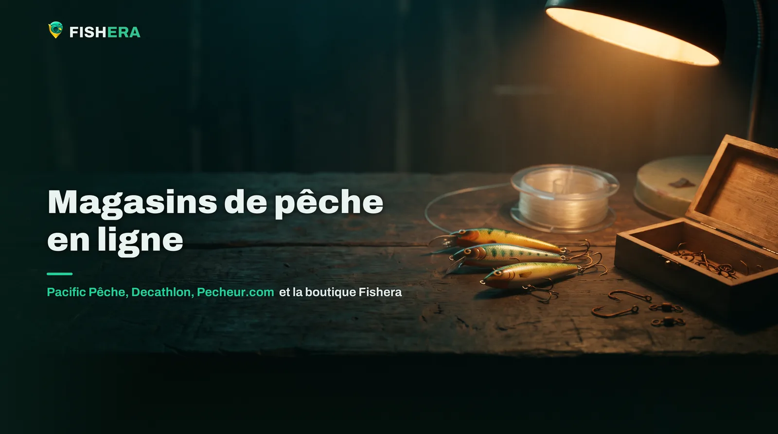 Des leurres posés sur un établi en bois sous une lampe, à côté d'une bobine de fil et d'une boîte d'hameçons ouverte