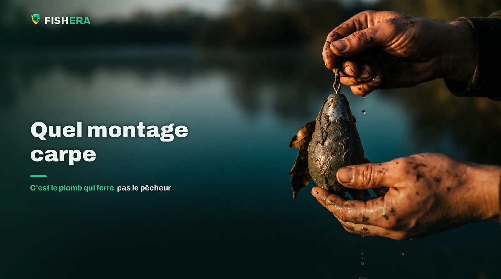 Deux mains sortent de l'eau un plomb poire couvert de vase grise, une feuille morte collée dessus, au bord d'un étang de plaine à l'aube
