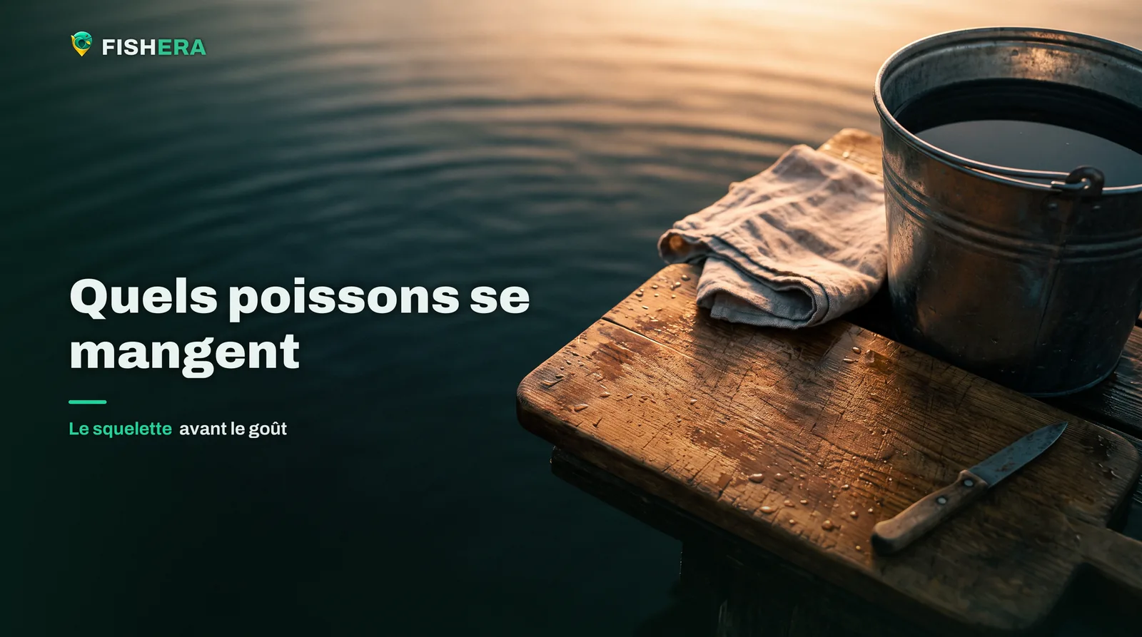 Une planche de préparation en bois mouillée au bord de l'eau, un linge plié, un couteau court et un seau d'eau posés dessus, sans poisson