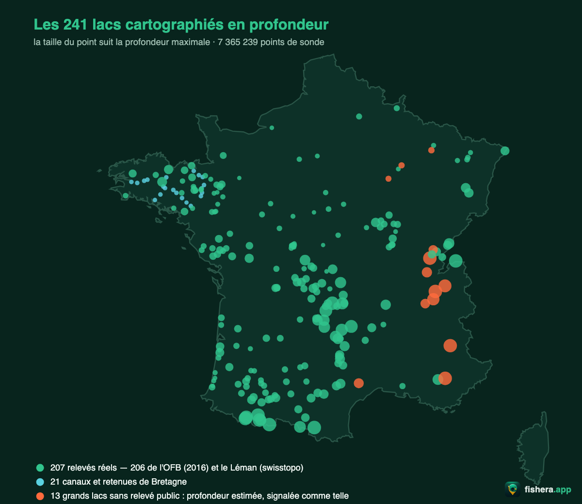 Carte de France des 241 lacs cartographiés en profondeur, la taille de chaque point suivant la profondeur maximale du plan d'eau