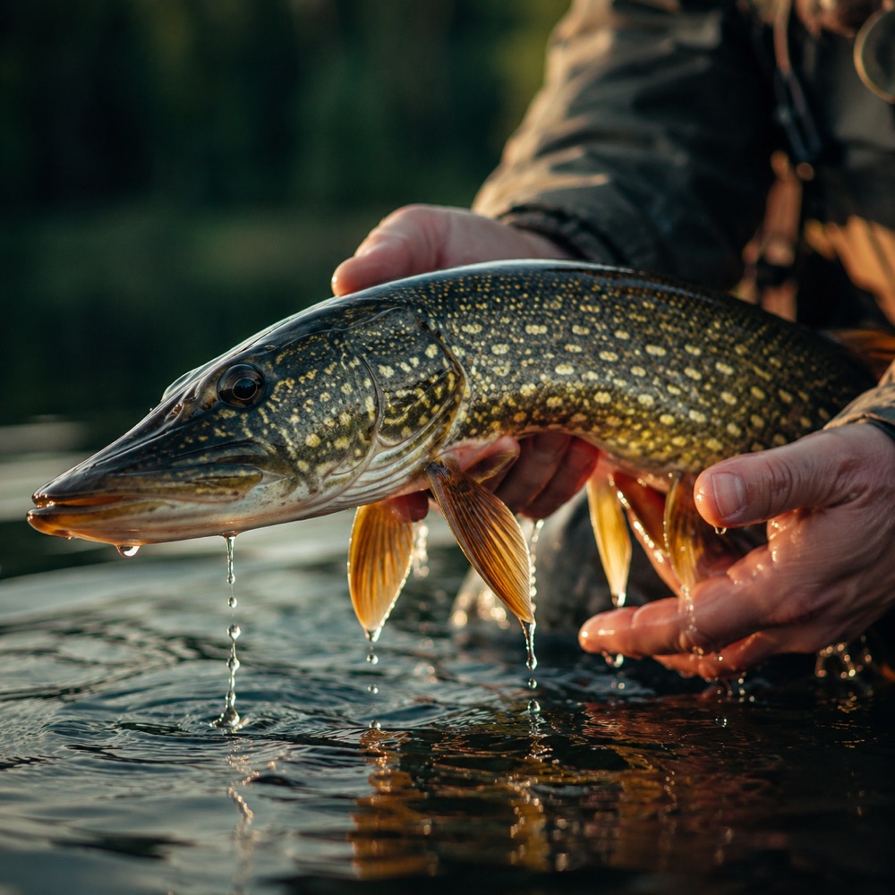 Un brochet tenu au-dessus de l'eau après une prise